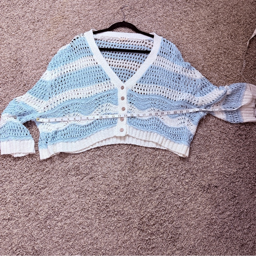 POL Light Blue & White Oversized Crocheted Cardigan - Picture 7 of 7